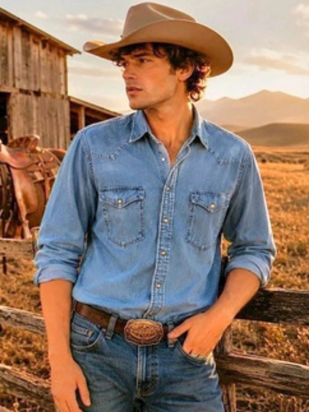 Wrangler Denim Shirt Medium Wash Snap Front Western Cowboy Size XL